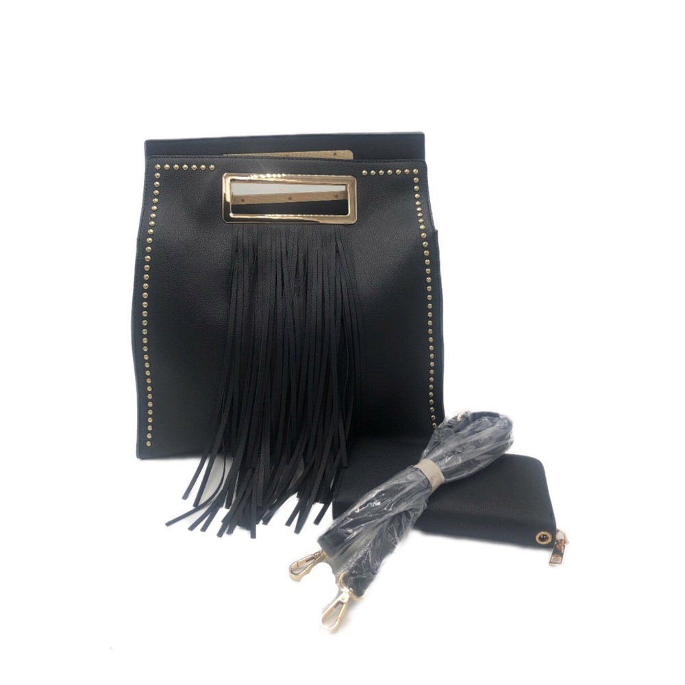 NWT Diophy Black Fringe Vegan Leather Studded Bag with Wallet & Wrist-strap